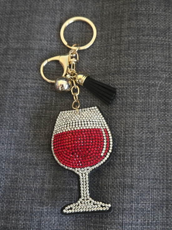 Accessories - Rhinestone Wine Glass Keychain Bagchain - Black & Red & Gold